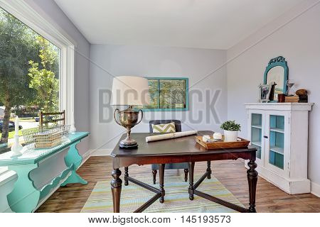 Home Office Interior. Vintage Wooden Desk In Old Style House