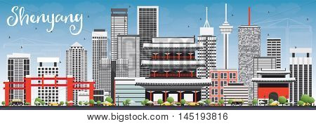 Shenyang Skyline with Gray Buildings and Blue Sky. Vector Illustration. Business Travel and Tourism Concept with Modern Buildings. Image for Presentation Banner Placard and Web Site.