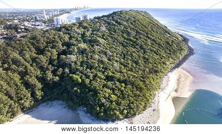 Aerial view of Burleigh Headland National Park and beach. Gold Coast, Australia