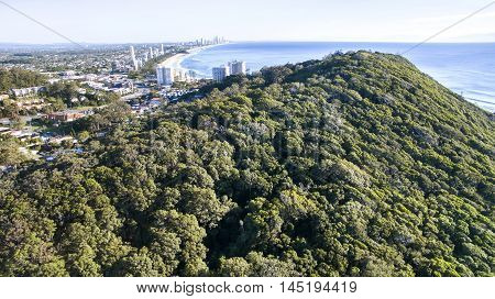 Aerial view close up, looking over Burleigh Headland National Park. Gold Coast, Australia