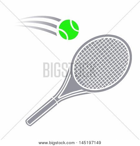 Vector illustration of logo for lawn tennis,consisting of flying green ball,grey racket close-up.Sports equipment for the sport.Wooden object hanging in the air to repel the attack of the opponent.