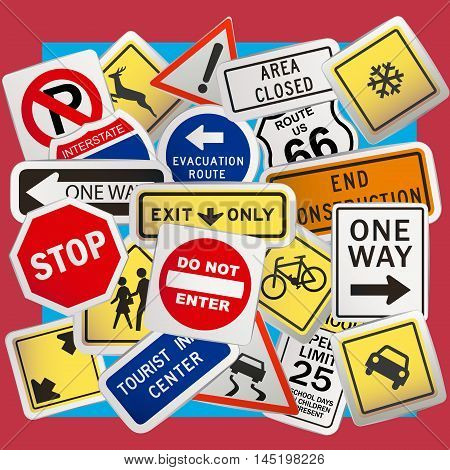 Montage of Numerous Traffic Control Signs and Signals.