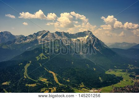 Beautiful View At Highest Mountain Peak Zugspitze And Alpspix With Garmisch Partenkirchen From Wank