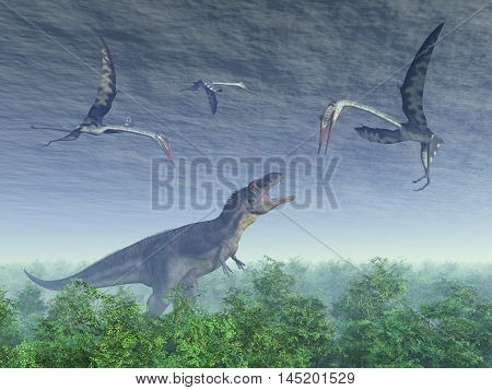 Computer generated 3D illustration with the dinosaur Tyrannotitan and the pterosaur Quetzalcoatlus