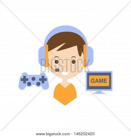 Video Games As Personal Happiness Idea. Kid With Handsfree And Gaming Equipment Simple Flat Cartoon Vector Illustration On White Background