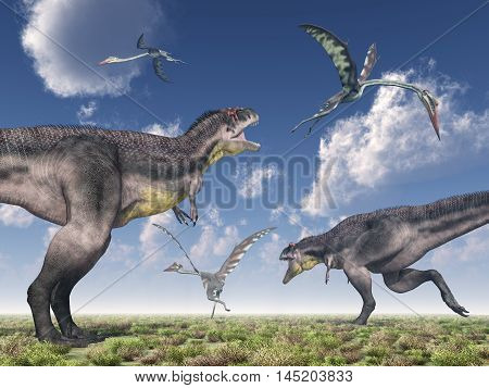 Computer generated 3D illustration with the dinosaur Tyrannotitan and the pterosaur Quetzalcoatlus