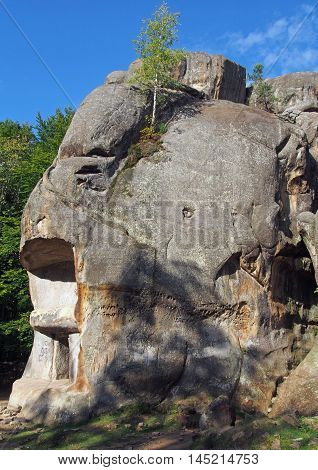 Rocky complex with caves near the village of Bubnishche in the Ukrainian Carpathians