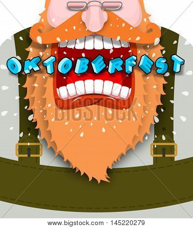 Shout Poster For Oktoberfest. Angry And Aggressive Man Shouts. Red Beard And Mustache. Bavarian Trad