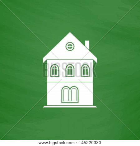 Simple old house. Flat Icon. Imitation draw with white chalk on green chalkboard. Flat Pictogram and School board background. Vector illustration symbol