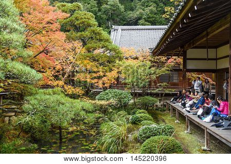 KYOTO JAPAN - NOVEMBER 18 2015 : Unidentified people visit Eikando temple in autumn. Eikando temple is one of the most popular attraction in Kyoto Japan.