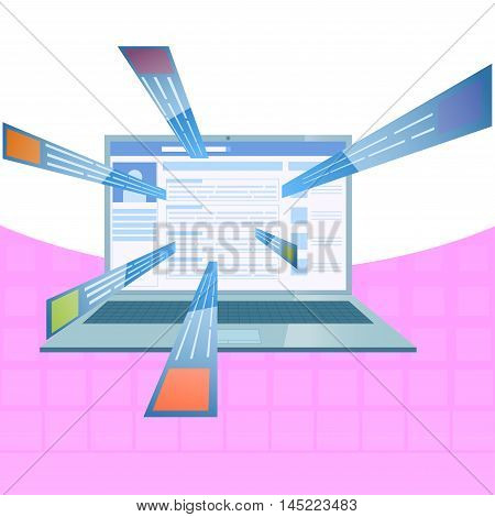 Social network on the laptop screen. Messages flying out of the screen notebook. Vector illustration