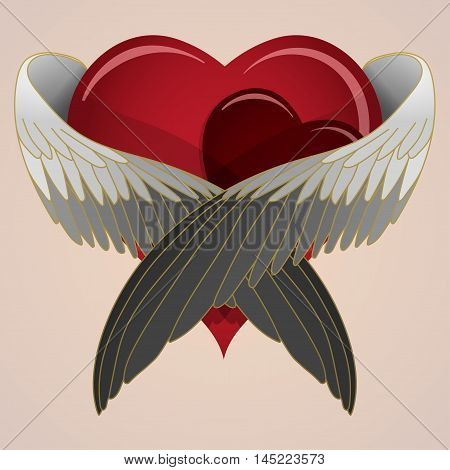 Vector colored heart with wings lovingly hugging heart
