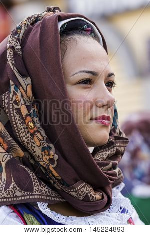 SELARGIUS, ITALY - September 13, 2015: Former marriage Selargino - Sardinia - portrait of a beautiful girl in traditional Sardinian costume