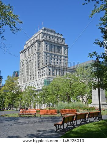 MONTREAL QUEBEC CANADA AUGUST 17 2016: Sunlife building in Montreal canada.The Sun Life Building is an historic office building at 1155 Metcalfe Street.