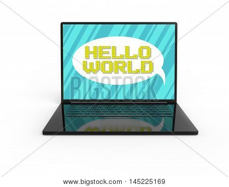 Illustration of 3D black laptop isolated with Pixel art hello world slogan