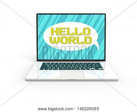 Illustration of 3D white laptop isolated with Pixel art hello world slogan