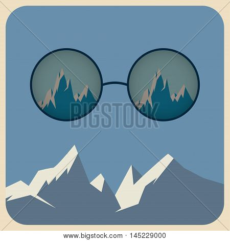 Vector sunglasses with reflection of snowy mountains in retro style