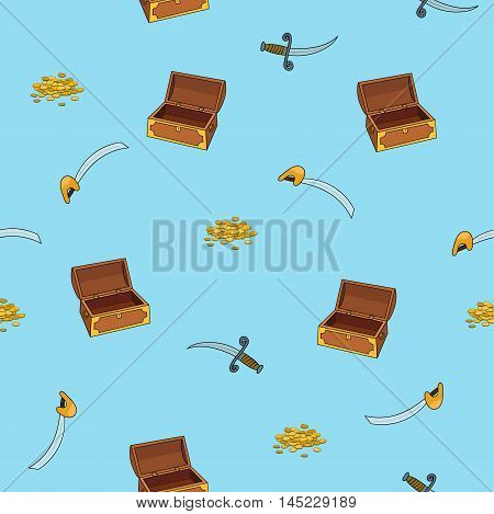 Pirates pattern with chest, dagger, sword, coin. Vector illustration