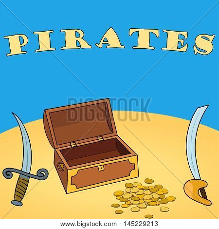 Pirates wallpaper with chest, dagger, sword, coin. Vector illustration