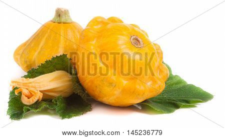 two yellow pattypan squash with leaf and flower isolated on white background.