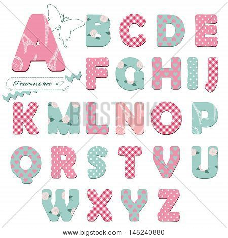 Cute textile font for scrapbook or collage design. Patchwork style. Different patterns included under clipping mask.