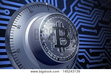 Concept Of Bitcoin Like A Electronic Security Lock. 3D Illustration.