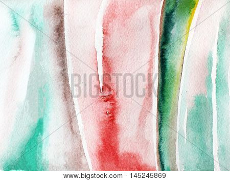 Red blue and green watercolor stripes. Abstract watercolor background. Hand drawn abstract background. Colorful ink illustration.