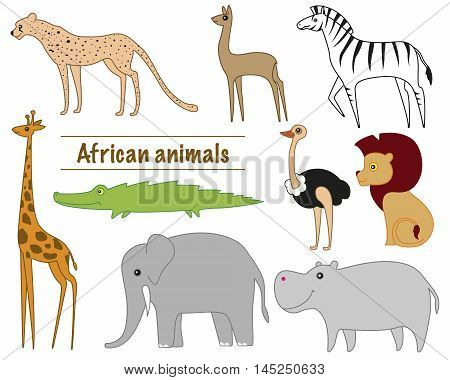 African animals: Cheetah Gazelle Zebra giraffe crocodile elephant hippopotamus lion ostrich