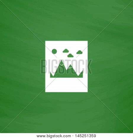 Mountain. Flat Icon. Imitation draw with white chalk on green chalkboard. Flat Pictogram and School board background. Vector illustration symbol