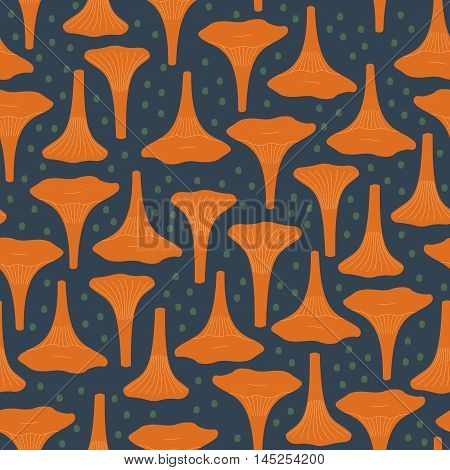 Chanterelles pattern with decorative dots. Seamless background with mashrooms. Trendy forest illustration. Design for textile, wallpaper, fabric.
