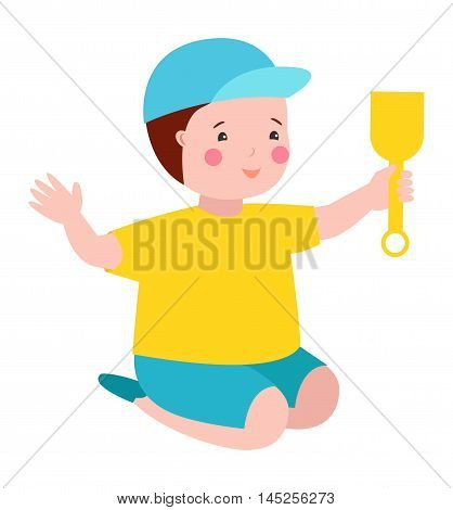 Happy kid playing in sandbox adorable cheerful little character. Childhood summer playground sand kid playing sandbox. Little cute happy play kid playing sandbox outdoor with toy vector character.