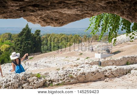 Section of the famous greek theater of Syracuse Sicily seen from one of the tomb in the upper terrace