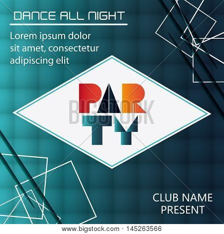 party tipography celebration night card advertising icon. Colorful and frame design. Squares background. Vector illustration