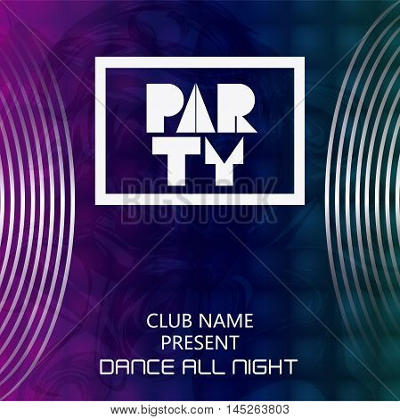 party tipography celebration night card advertising icon. Colorful and frame design. Squares background. Vector illustration
