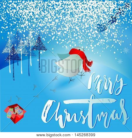 Santa Claus brought a bad gift. Angry bird dissatisfied Christmas gift. A pair of mittens. Christmas lettering. Vector illustration. EPS10