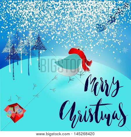 Santa Claus brought a bad gift. Angry bird dissatisfied Christmas gift. A pair of mittens. Christmas lettering. Vector illustration. EPS10