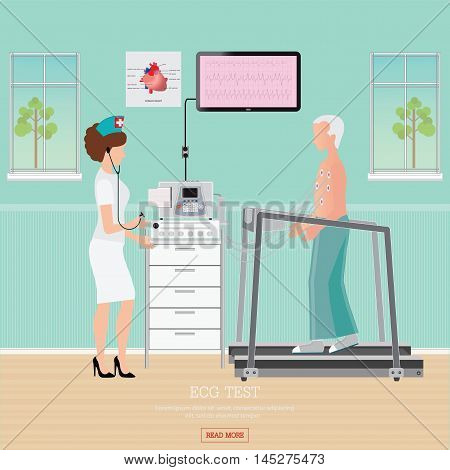ECG Test or Exercise Stress Test for Heart Disease on treadmill cardiology center room interior with blood pressure monitor healthy and medical flat design vector illustration.