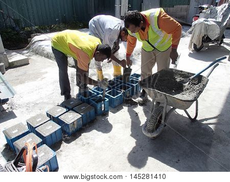 MALACCA, MALAYSIA - SEPTEMBER 28, 2015: Cube test. Concrete mould for checking of concrete quality work or compression tests. Cube shape type.