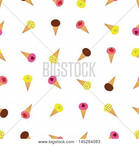 Cute seamless background pattern. Ice-cream cones decorated with different toppings. Vector illustration eps 10