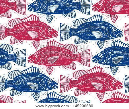 Seamless sea vector pattern different fish silhouettes. Hand drawn fauna nature continuous background.