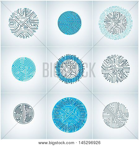 Vector Blue Circuit Board Circles, Digital Technologies Abstractions. Set Of Computer Microprocessor