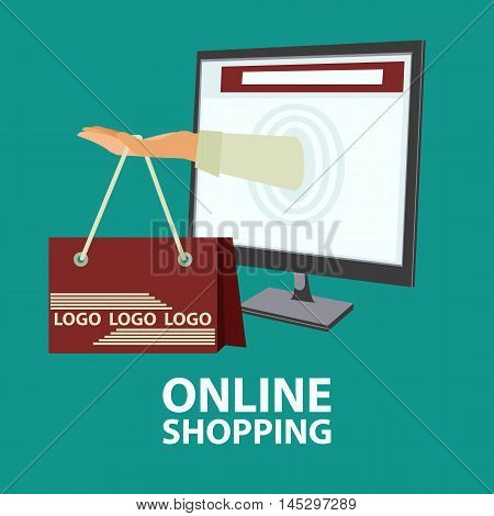 Hand with shopping bag sticking out from monitor. E-commerce online shopping buying internet concept in flat style. Vector illustration easy to edit