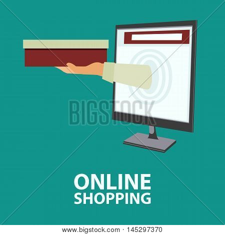Hand with box sticking out from monitor. E-commerce online shopping buying internet concept in flat style. Vector illustration easy to edit