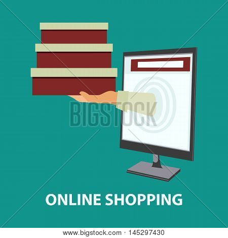 Hand delivers boxes with the purchased goods out from monitor. E-commerce online shopping internet shopping concept in flat style. Vector illustration easy to edit