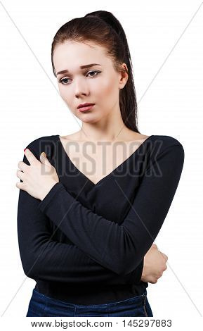 Young beautiful woman with meloncholy mood isolated on white background