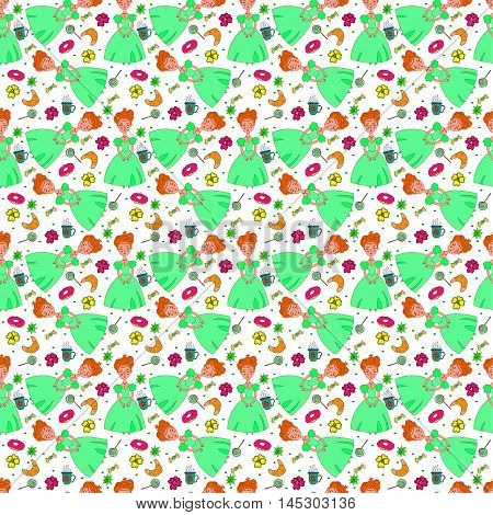 Seamless pattern with sweets and princess. 