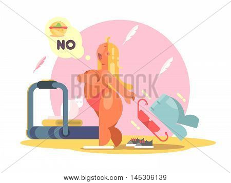 Fat lady refuses to eat food for weight loss. Vector illustration
