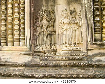 The detail of stone carvings in the Angkor Wat, Cambodia.