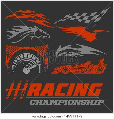Set of racing stickers on dark background. Monochrome vector illustrations.