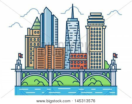 Abstract modern district with skyscrapers and bridge. Modern buildings, waterfront cityscape vector illustration.